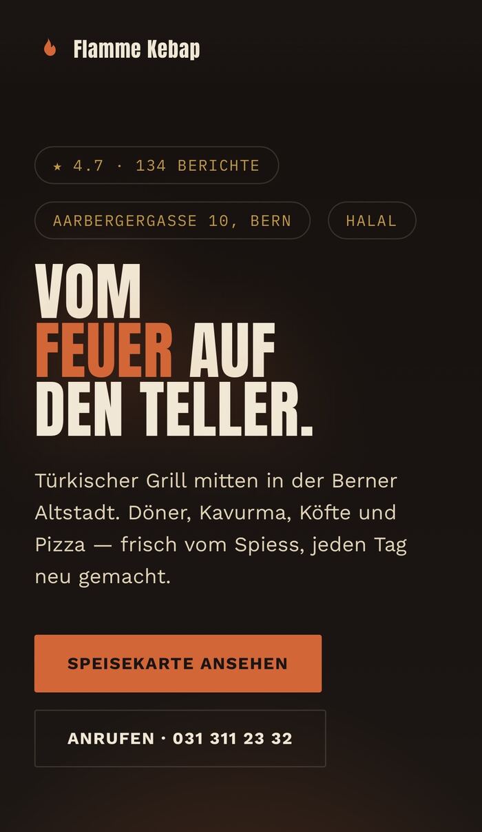 Startseite der Flamme Kebap Website